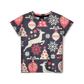 Детская футболка 3D с принтом Зимние фантазии в Тюмени, 100% гипоаллергенный полиэфир | прямой крой, круглый вырез горловины, длина до линии бедер, чуть спущенное плечо, ткань немного тянется | Тематика изображения на принте: елка | елочные игрушки | новый год | олень | снег | снежинки