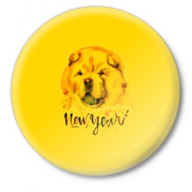 Значок с принтом Милый щенок в Тюмени,  металл | круглая форма, металлическая застежка в виде булавки | Тематика изображения на принте: christmas | год собаки | желтая собака | новогодний | новый год | собака