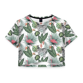 Женская футболка 3D укороченная с принтом Саванна в Тюмени, 100% полиэстер | круглая горловина, длина футболки до линии талии, рукава с отворотами | африка | белый | зверь | зебра | растения | розовый | фламинго