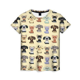 Женская футболка 3D с принтом Милые пушистики в Тюмени, 100% полиэфир ( синтетическое хлопкоподобное полотно) | прямой крой, круглый вырез горловины, длина до линии бедер | год собаки | новый год | пес | собака | щенок