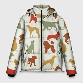 Мужская зимняя куртка 3D с принтом Силуэты собак в Тюмени, верх — 100% полиэстер; подкладка — 100% полиэстер; утеплитель — 100% полиэстер | длина ниже бедра, свободный силуэт Оверсайз. Есть воротник-стойка, отстегивающийся капюшон и ветрозащитная планка. 

Боковые карманы с листочкой на кнопках и внутренний карман на молнии. | Тематика изображения на принте: год собаки | новый год | пес | собака | щенок