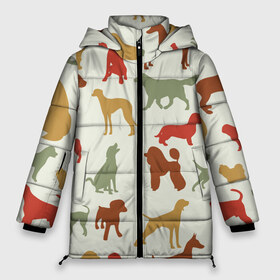 Женская зимняя куртка 3D с принтом Силуэты собак в Тюмени, верх — 100% полиэстер; подкладка — 100% полиэстер; утеплитель — 100% полиэстер | длина ниже бедра, силуэт Оверсайз. Есть воротник-стойка, отстегивающийся капюшон и ветрозащитная планка. 

Боковые карманы с листочкой на кнопках и внутренний карман на молнии | год собаки | новый год | пес | собака | щенок