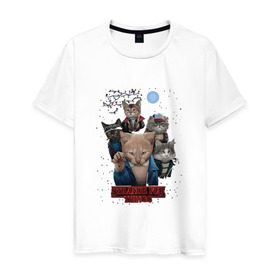 Мужская футболка хлопок с принтом Stranger Things в Тюмени, 100% хлопок | прямой крой, круглый вырез горловины, длина до линии бедер, слегка спущенное плечо. | кот | коты | очень странные дела