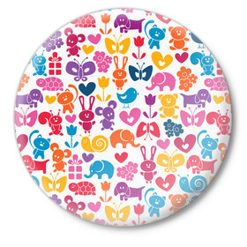 Значок с принтом Веселый зоопарк в Тюмени,  металл | круглая форма, металлическая застежка в виде булавки | Тематика изображения на принте: бабочка | заяц | кролик | слон | цветы | черепаxа