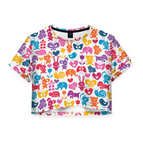 Женская футболка 3D укороченная с принтом Веселый зоопарк в Тюмени, 100% полиэстер | круглая горловина, длина футболки до линии талии, рукава с отворотами | бабочка | заяц | кролик | слон | цветы | черепаxа