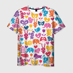 Мужская футболка 3D с принтом Веселый зоопарк в Тюмени, 100% полиэфир | прямой крой, круглый вырез горловины, длина до линии бедер | бабочка | заяц | кролик | слон | цветы | черепаxа