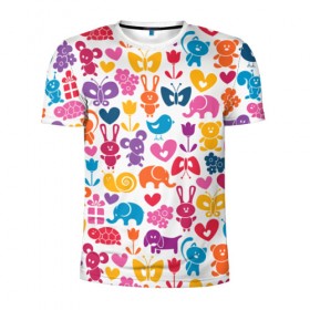 Мужская футболка 3D спортивная с принтом Веселый зоопарк в Тюмени, 100% полиэстер с улучшенными характеристиками | приталенный силуэт, круглая горловина, широкие плечи, сужается к линии бедра | Тематика изображения на принте: бабочка | заяц | кролик | слон | цветы | черепаxа