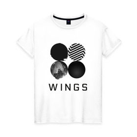 Женская футболка хлопок с принтом BTS wings в Тюмени, 100% хлопок | прямой крой, круглый вырез горловины, длина до линии бедер, слегка спущенное плечо | bangtan boys | bts | bts army | бантаны бтс