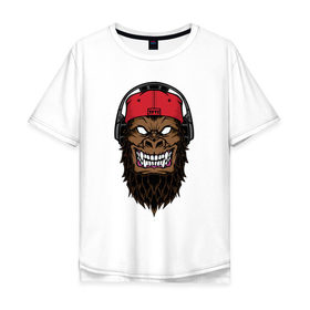 Мужская футболка хлопок Oversize с принтом Горилла в наушниках в Тюмени, 100% хлопок | свободный крой, круглый ворот, “спинка” длиннее передней части | Тематика изображения на принте: 