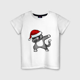 Детская футболка хлопок с принтом DAB Cat Santa в Тюмени, 100% хлопок | круглый вырез горловины, полуприлегающий силуэт, длина до линии бедер | Тематика изображения на принте: даб | кот | новогодний | рождество | шапка