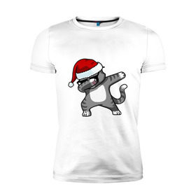 Мужская футболка премиум с принтом DAB Cat Santa в Тюмени, 92% хлопок, 8% лайкра | приталенный силуэт, круглый вырез ворота, длина до линии бедра, короткий рукав | Тематика изображения на принте: даб | кот | новогодний | рождество | шапка