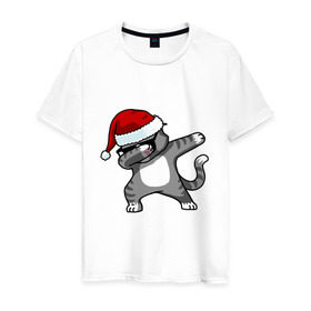 Мужская футболка хлопок с принтом DAB Cat Santa в Тюмени, 100% хлопок | прямой крой, круглый вырез горловины, длина до линии бедер, слегка спущенное плечо. | Тематика изображения на принте: даб | кот | новогодний | рождество | шапка