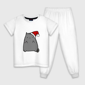 Детская пижама хлопок с принтом New Year Cat в Тюмени, 100% хлопок |  брюки и футболка прямого кроя, без карманов, на брюках мягкая резинка на поясе и по низу штанин
 | кот | новогодний | рождество | шапка