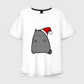 Мужская футболка хлопок Oversize с принтом New Year Cat в Тюмени, 100% хлопок | свободный крой, круглый ворот, “спинка” длиннее передней части | кот | новогодний | рождество | шапка