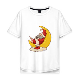 Мужская футболка хлопок Oversize с принтом Санта на луне в Тюмени, 100% хлопок | свободный крой, круглый ворот, “спинка” длиннее передней части | Тематика изображения на принте: 