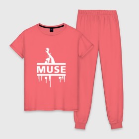 Женская пижама хлопок с принтом Muse в Тюмени, 100% хлопок | брюки и футболка прямого кроя, без карманов, на брюках мягкая резинка на поясе и по низу штанин | muse |    | доминик ховард | крис уолстенхолм | муза | музе | мусе | мэттью беллами | рок группа