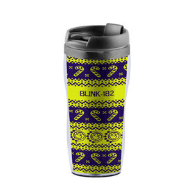 Термокружка-непроливайка с принтом Blink-182 NEW YEAR COLLECTION в Тюмени, внутренняя часть — пищевой пластик, наружная часть — прозрачный пластик, между ними — полиграфическая вставка с рисунком | объем — 350 мл, герметичная крышка | 