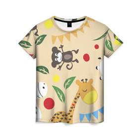Женская футболка 3D с принтом Веселый зоопарк в Тюмени, 100% полиэфир ( синтетическое хлопкоподобное полотно) | прямой крой, круглый вырез горловины, длина до линии бедер | жираф | лошадь | мартышка | пони