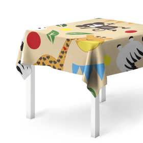 Скатерть 3D с принтом Веселый зоопарк в Тюмени, 100% полиэстер (ткань не мнется и не растягивается) | Размер: 150*150 см | Тематика изображения на принте: жираф | лошадь | мартышка | пони