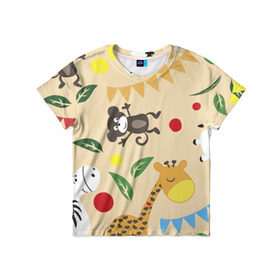 Детская футболка 3D с принтом Веселый зоопарк в Тюмени, 100% гипоаллергенный полиэфир | прямой крой, круглый вырез горловины, длина до линии бедер, чуть спущенное плечо, ткань немного тянется | Тематика изображения на принте: жираф | лошадь | мартышка | пони