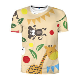 Мужская футболка 3D спортивная с принтом Веселый зоопарк в Тюмени, 100% полиэстер с улучшенными характеристиками | приталенный силуэт, круглая горловина, широкие плечи, сужается к линии бедра | Тематика изображения на принте: жираф | лошадь | мартышка | пони