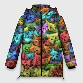 Женская зимняя куртка 3D с принтом Разноцветные коты в Тюмени, верх — 100% полиэстер; подкладка — 100% полиэстер; утеплитель — 100% полиэстер | длина ниже бедра, силуэт Оверсайз. Есть воротник-стойка, отстегивающийся капюшон и ветрозащитная планка. 

Боковые карманы с листочкой на кнопках и внутренний карман на молнии | Тематика изображения на принте: котенок | котик | котята | кошка | кошки | паттерн