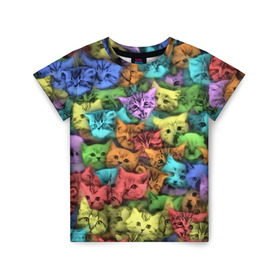 Детская футболка 3D с принтом Разноцветные коты в Тюмени, 100% гипоаллергенный полиэфир | прямой крой, круглый вырез горловины, длина до линии бедер, чуть спущенное плечо, ткань немного тянется | котенок | котик | котята | кошка | кошки | паттерн