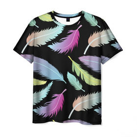 Мужская футболка 3D с принтом Радужные перья в Тюмени, 100% полиэфир | прямой крой, круглый вырез горловины, длина до линии бедер | арт | белый | мульт | новинки | прикольный | птица | рисунок | сова | филин | черный