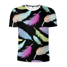 Мужская футболка 3D спортивная с принтом Радужные перья в Тюмени, 100% полиэстер с улучшенными характеристиками | приталенный силуэт, круглая горловина, широкие плечи, сужается к линии бедра | арт | белый | мульт | новинки | прикольный | птица | рисунок | сова | филин | черный