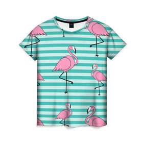 Женская футболка 3D с принтом Фламинго в Тюмени, 100% полиэфир ( синтетическое хлопкоподобное полотно) | прямой крой, круглый вырез горловины, длина до линии бедер | арт | белый | дикий | мульт | птица | рисунок | фламинго | черный