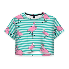 Женская футболка 3D укороченная с принтом Фламинго в Тюмени, 100% полиэстер | круглая горловина, длина футболки до линии талии, рукава с отворотами | арт | белый | дикий | мульт | птица | рисунок | фламинго | черный