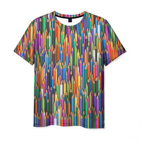 Мужская футболка 3D с принтом Разноцветные карандаши в Тюмени, 100% полиэфир | прямой крой, круглый вырез горловины, длина до линии бедер | Тематика изображения на принте: дизайнер | карандаш | палитра | паттерн | радуга | рисование | рисунок | художник | цвет | цветной | школа
