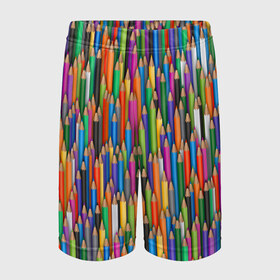 Детские спортивные шорты 3D с принтом Разноцветные карандаши в Тюмени,  100% полиэстер
 | пояс оформлен широкой мягкой резинкой, ткань тянется
 | дизайнер | карандаш | палитра | паттерн | радуга | рисование | рисунок | художник | цвет | цветной | школа