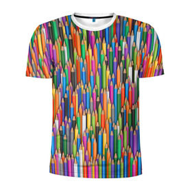 Мужская футболка 3D спортивная с принтом Разноцветные карандаши в Тюмени, 100% полиэстер с улучшенными характеристиками | приталенный силуэт, круглая горловина, широкие плечи, сужается к линии бедра | Тематика изображения на принте: дизайнер | карандаш | палитра | паттерн | радуга | рисование | рисунок | художник | цвет | цветной | школа
