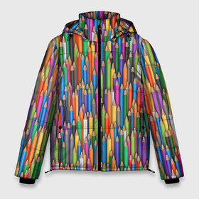 Мужская зимняя куртка 3D с принтом Разноцветные карандаши в Тюмени, верх — 100% полиэстер; подкладка — 100% полиэстер; утеплитель — 100% полиэстер | длина ниже бедра, свободный силуэт Оверсайз. Есть воротник-стойка, отстегивающийся капюшон и ветрозащитная планка. 

Боковые карманы с листочкой на кнопках и внутренний карман на молнии. | Тематика изображения на принте: дизайнер | карандаш | палитра | паттерн | радуга | рисование | рисунок | художник | цвет | цветной | школа