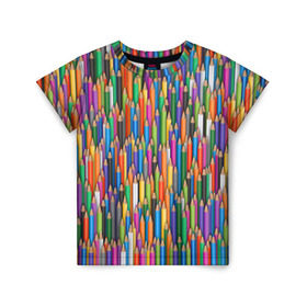 Детская футболка 3D с принтом Разноцветные карандаши в Тюмени, 100% гипоаллергенный полиэфир | прямой крой, круглый вырез горловины, длина до линии бедер, чуть спущенное плечо, ткань немного тянется | Тематика изображения на принте: дизайнер | карандаш | палитра | паттерн | радуга | рисование | рисунок | художник | цвет | цветной | школа