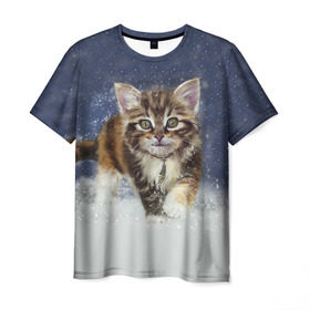 Мужская футболка 3D с принтом Зимний котик в Тюмени, 100% полиэфир | прямой крой, круглый вырез горловины, длина до линии бедер | Тематика изображения на принте: зима | кот | котенок | кошка | новый год | снег | снежинка | снежок