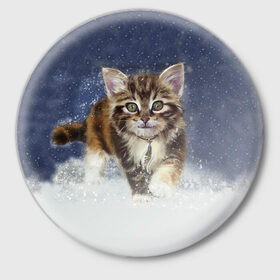 Значок с принтом Зимний котик в Тюмени,  металл | круглая форма, металлическая застежка в виде булавки | Тематика изображения на принте: зима | кот | котенок | кошка | новый год | снег | снежинка | снежок