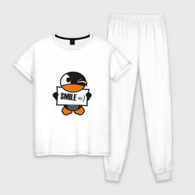 Женская пижама хлопок с принтом Улыбка уточки в Тюмени, 100% хлопок | брюки и футболка прямого кроя, без карманов, на брюках мягкая резинка на поясе и по низу штанин | smie | улыбайтесь | улыбка | утка | уточка