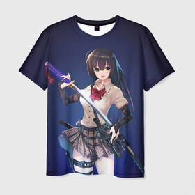 Мужская футболка 3D с принтом Anime girl в Тюмени, 100% полиэфир | прямой крой, круглый вырез горловины, длина до линии бедер | anime | girl | japan | katana | samurai | sword | аниме | девушка | катана | меч | оружие | самурай | япония