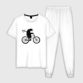 Мужская пижама хлопок с принтом Ежик на велосипеде в Тюмени, 100% хлопок | брюки и футболка прямого кроя, без карманов, на брюках мягкая резинка на поясе и по низу штанин
 | велосипед | ежик