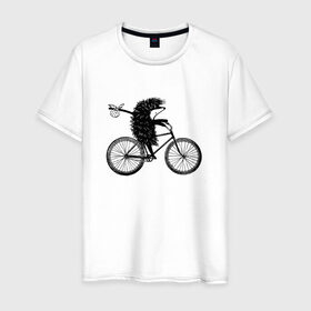 Мужская футболка хлопок с принтом Ежик на велосипеде в Тюмени, 100% хлопок | прямой крой, круглый вырез горловины, длина до линии бедер, слегка спущенное плечо. | велосипед | ежик