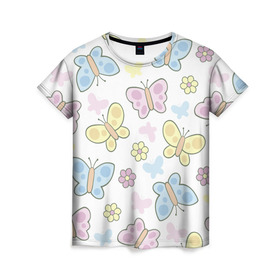 Женская футболка 3D с принтом Парад бабочек в Тюмени, 100% полиэфир ( синтетическое хлопкоподобное полотно) | прямой крой, круглый вырез горловины, длина до линии бедер | бабочки | волшебство | крылья | насекомое | полет | природа | сказка | цветное | яркое
