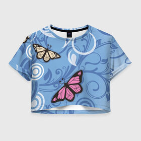 Женская футболка 3D укороченная с принтом Чудо природы в Тюмени, 100% полиэстер | круглая горловина, длина футболки до линии талии, рукава с отворотами | бабочки | волшебство | крылья | насекомое | полет | природа | сказка | цветное | яркое