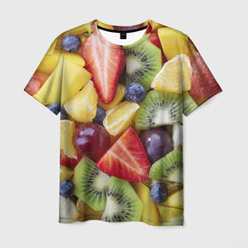 Мужская футболка 3D с принтом Фруктовое ассорти в Тюмени, 100% полиэфир | прямой крой, круглый вырез горловины, длина до линии бедер | витамины | еда | клубника | лимон | малина | овощи | фрукты | цвета | яблоко | яркие