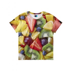 Детская футболка 3D с принтом Фруктовое ассорти в Тюмени, 100% гипоаллергенный полиэфир | прямой крой, круглый вырез горловины, длина до линии бедер, чуть спущенное плечо, ткань немного тянется | витамины | еда | клубника | лимон | малина | овощи | фрукты | цвета | яблоко | яркие