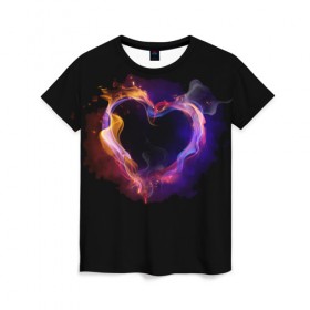 Женская футболка 3D с принтом Огненное сердце в Тюмени, 100% полиэфир ( синтетическое хлопкоподобное полотно) | прямой крой, круглый вырез горловины, длина до линии бедер | любовь | огонь | сердце