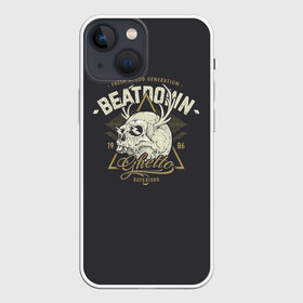 Чехол для iPhone 13 mini с принтом Beatdown Ghetto 1986 в Тюмени,  |  | Тематика изображения на принте: bones | gothic | grunge | horns | lightning | rock and roll | skeleton | skull | tattoo | готика | гранж | кости | молнии | рога | рок н ролл | скелет | тату | череп