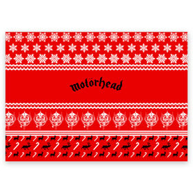 Поздравительная открытка с принтом Праздничный Motrhead в Тюмени, 100% бумага | плотность бумаги 280 г/м2, матовая, на обратной стороне линовка и место для марки
 | Тематика изображения на принте: larry wallis | lucas fox | motorhead | motrhead | группа | знак | красный | кэмпбелл | лемми | метал | микки ди | моторхед | надпись | новогодний | новый год | праздник | рождество | рок | снежинки | тейлор | фил | хард