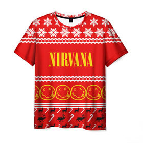 Мужская футболка 3D с принтом Праздничный Nirvana в Тюмени, 100% полиэфир | прямой крой, круглый вырез горловины, длина до линии бедер | Тематика изображения на принте: cobain | kurt | nirvana | альтернативный | гранж | группа | дональд | знак | кобейн | красный | курт | музыка | музыкант | надпись | нервана | нирвана | новогодний | новоселич | новый год | певец | праздник